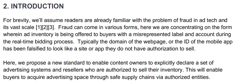 Screenshot of a paragraph under the title "2. Introduction". Paragraph reads: "Fraud can come in various forms, here we are concentrating on the form wherein ad inventory is being offered to buyers with a misrepresented label and account during the real-time bidding process. Typically the domain of the webpage, or the ID of the mobile app has been falsified to look like a site or app they do not have authorization to sell."