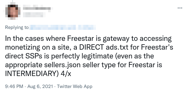 Screenshot of a tweet that reads: "In the cases where Freestar is gateway to accessing monetizing on a site, a DIRECT ads.txt for Freestar's direct SSPs is perfectly legitimate (even as the appropriate sellers.json seller type for Freestar is INTERMEDIARY)"