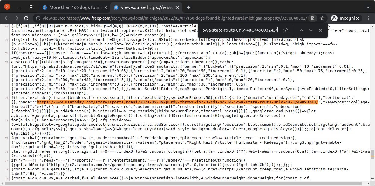Screenshot of the source code for the Detroit Free Press article. A usatoday.com URL is highlighted.